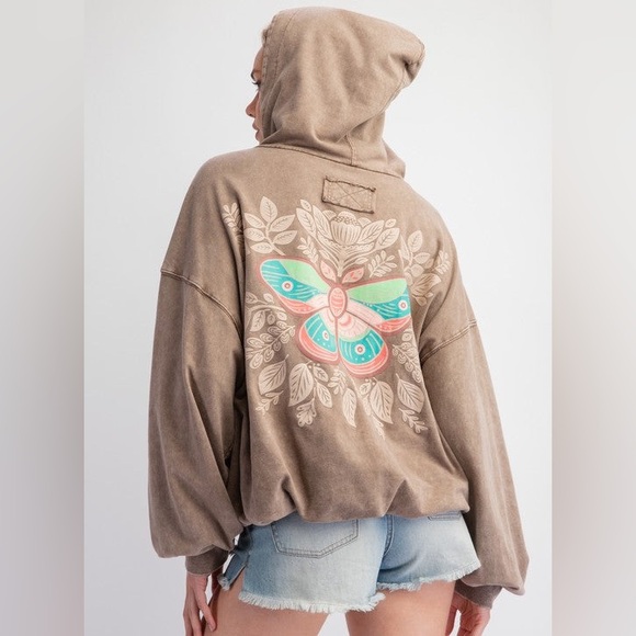 easel Tops - Easel Fly Away Butterfly Hoodie Mocha Mineral Washed NWT